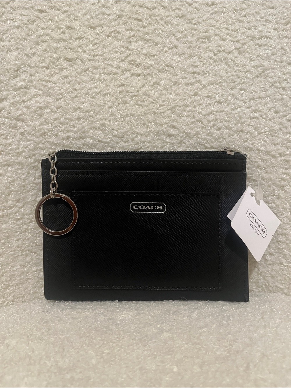 Coach Black Leather Zip Card Holder with Key Ring